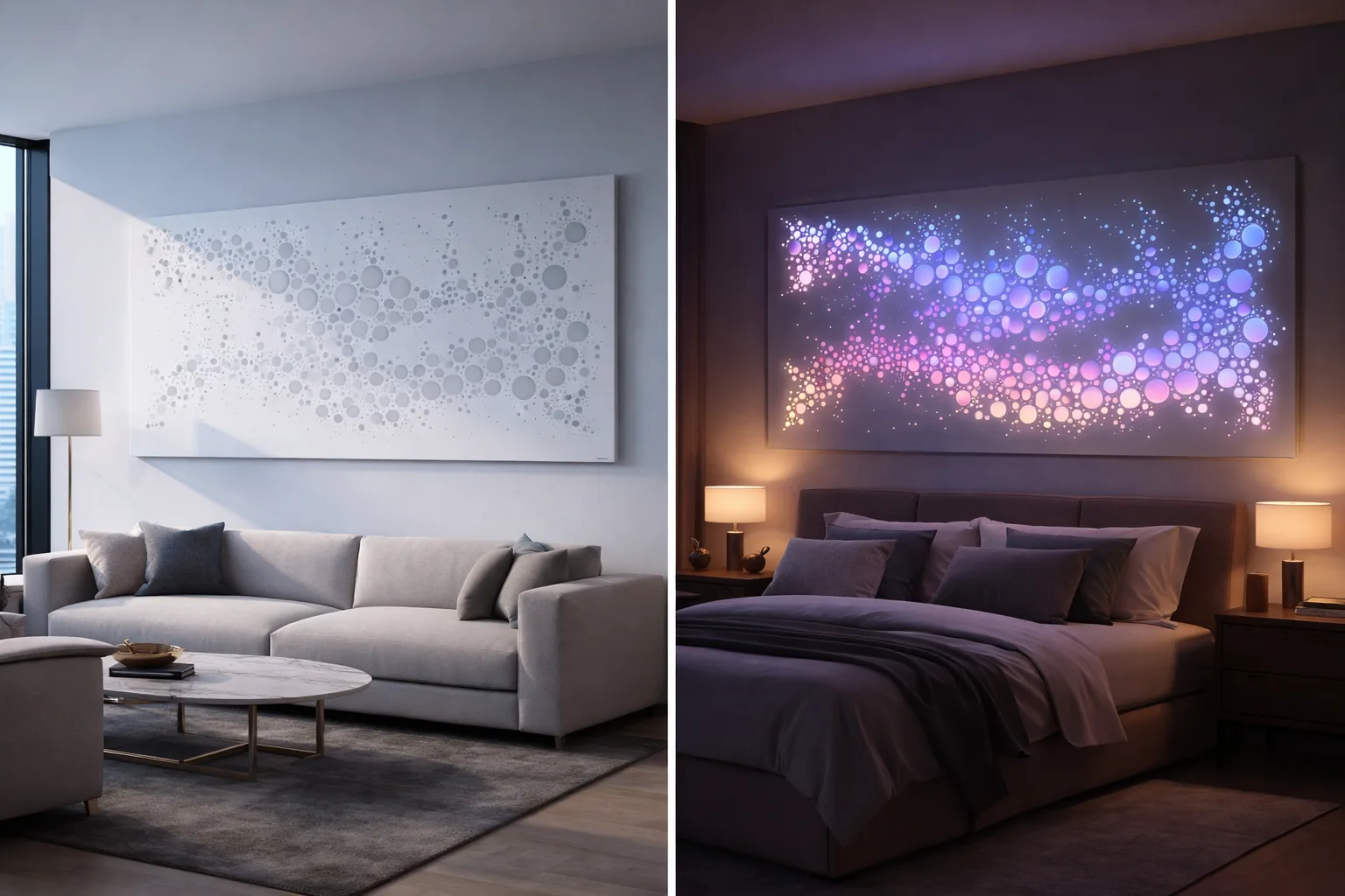 Quadro contemporaneo luminoso in soggiorno bianco